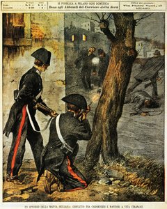 Sizilianisches Mafia-Ereignis, Kampf zwischen Carabinieri und Mafia-Gangstern in Trapani, Illustration von Achille Beltrame, aus La Domenica del Corriere, 31. Dezember 1899