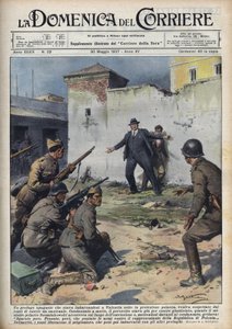 Spanischer Bürgerkrieg: Polnischer Diplomat, der bei der Einschiffung in Valencia nach Polen von republikanischen Truppen gefangen genommen wurde, entging dank der Intervention des polnischen Ministers Szumiakowski knapp der Hinrichtung. Illustration von A