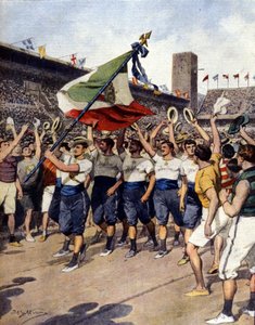 Die Olympischen Spiele 1912 in Stockholm: das siegreiche italienische Gymnastikteam. Ill. von A. Beltrame. La Domenica del Corriere