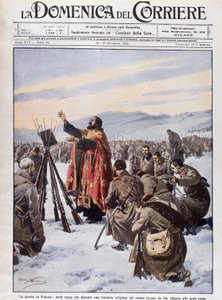 Der Krieg in Polen, ein russischer Priester ruft Gott an, um der russischen Armee auf dem Schlachtfeld zu helfen. Titelseite von „La Domenica del Corriere“ vom 20. bis 27. Dezember 1914.
