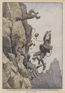 Drei lombardische Bergsteiger stürzen die steile Wand des Torrione Magnaghi (südliche Grigna) hinunter und werden zerquetscht von Achille Beltrame