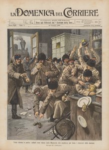 Traurige Rückkehr in die Heimat, russische Soldaten, die aus der Mandschurei zurückkehren und vor Hunger die Bahnhofsrestaurants stürmen