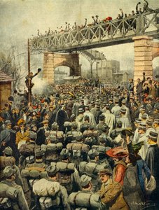 Triumphale Rückkehr italienischer Truppen aus Libyen in Mailand, Illustrator Achille Beltrame (1871-1945), aus La Domenica del Corriere, 26. Januar 1913
