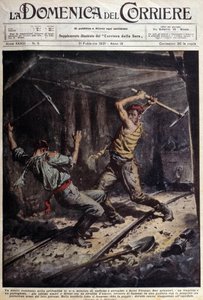 Zwei französische und portugiesische Bergleute kämpfen mit ihren Äxten in einer Galerie wegen einer Liebesgeschichte - Zeichnung von A. Beltrame, in „La Domenica del Corriere“ vom 1. Februar