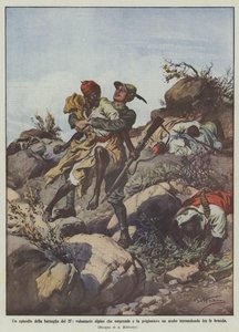 Ein Vorfall der Schlacht vom 27., ein freiwilliger Alpini überrascht und nimmt einen Araber gefangen