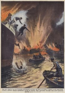 Ein englisches Schiff, beladen mit Benzin, das im Hafen von Piräus in Athen in die Luft flog von Achille Beltrame
