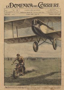 Ein Geschwindigkeitswettbewerb zwischen einem kleinen Flugzeug, einer Motte und einem leistungsstarken Motorrad von Achille Beltrame