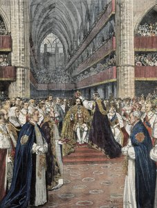Krönung von Edward VII. in der Westminster Abbey. Illustration von Achille Beltrame, veröffentlicht in Domenica del Corriere. Gravur.