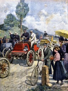 Erste Rundfahrt durch Italien mit dem Auto im Jahr 1901 (Illustration von Achilles Beltrame)