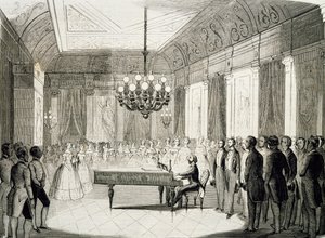 Musikalischer Abend mit Klavier, von Achille Deveria, Gravur, Frankreich