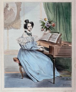 Sieben Uhr abends, Frau am Pianoforte von Devéria, Anfang des 19. Jahrhunderts von Achille Devéria