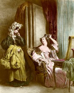 Die Toilette: eine elegante junge Frau mit ihrer Zofe. Lithographie von Achilles Deveria (1800-1857) 19. Jahrhundert. Privatsammlung von Achille Devéria