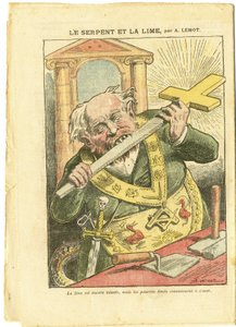 Illustration von Achille Lemot (1846-1909) in Le Pelerin, 23/05/09 - Die Schlange und die Limette - Antimasonismus Freimaurerei, Religion Glaube, Christliches Kreuz, Fabeln La Fontaine und andere, Katholizismus - Laizismus von Achille Lemot