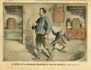 Illustration von Achille Lemot (1846-1909) in Le Pelerin, 01/05/04 - Das Erwachen des französischen Bewusstseins bei der Kommunalwahl - Wahlen, Religion Glaube, Block der Linken, Katholizismus Katholisch - Laizismus Laizität Laizistische Gesetze - Combes E