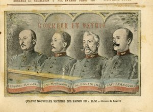 Illustration von Achille Lemot (1846-1909) in Le Pelerin, 20/11/04 - Vier neue Opfer des Hasses des Blocks - Armee, Affaire des Fiche, Patriotismus - Oberst Rollin, Hauptmann Mareschal, Dautriche, Hauptmann Francois von Achille Lemot
