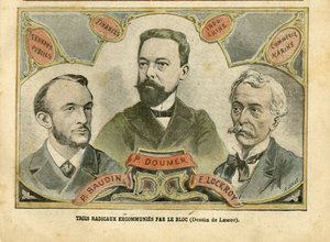 Illustration von Achille Lemot (1846-1909) in Le Pelerin, 23/10/04 - Drei Radikale exkommuniziert vom Bloc - Budget Finanzen, Präsident der Republik, Maritime Marine Nautique Balneaire, Bloc des Linken, Indochina, Öffentliche Arbeiten - Doumer Paul (1857-1 von Achille Lemot