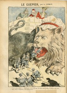 Illustration von Achille Lemot in Le Pelerin, 25/08/07 - Le Guepier - Krieg, Deutschland Preußen, England Großbritannien, Spanien, Maritime Marine Küste - Löwe/Tiger von Achille Lemot
