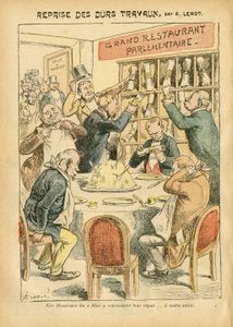 Illustration von Achille Lemot (1846-1909) in Le Pelerin, 27/10/07 - Wiederaufnahme harter Arbeit - Antiparlamentarismus, Restaurant Cafés, Kammer der Deputierten Hemicycle, Bloc des Linken, Plate au beurre - Deputierter - Metapher Ernährung