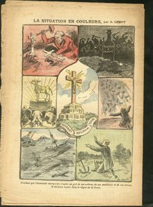 Illustration von Achille Lemot (1846-1909) in Le Pelerin, 28/02/09 - Die Situation in Farbe - Religion Glaube, Maritime Marine Küste, Atheismus, Unfälle Katastrophen, Naturkatastrophe, Christliches Kreuz, Katholizismus - Goldenes Kalb