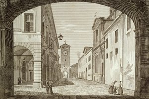 Ansicht des Platzes von Castel Bolognese in der Legation von Ravenna, graviert von Achille Parboni von Achille Parboni