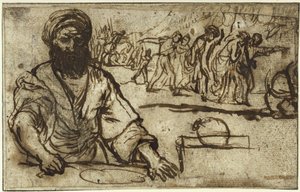 Sitzender bärtiger Mann, im Hintergrund Menschen- und Reiterzug von Adam Elsheimer