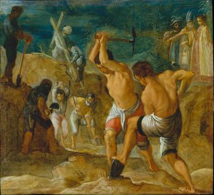Der Frankfurter Altar der Erhöhung des wahren Kreuzes: Das Graben nach dem Kreuz (unten Mitte links) von Adam Elsheimer