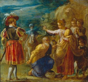 Der Frankfurter Altar der Erhöhung des wahren Kreuzes: Die Befragung des Juden (unten links)