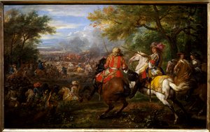 Die französische Armee besiegt die spanische Armee in der Nähe des Brügger Kanals am 31. August 1667. Der König von Frankreich, Ludwig XIV., auf einem weißen Pferd, umgeben von seinen Generälen: François de Créquy und Prinz Louis II. von Bourbon-Condé, gen