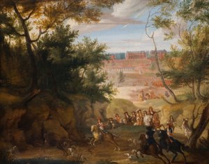 Ansicht von Versailles mit Ludwig XIV. und Jägern, 1700
