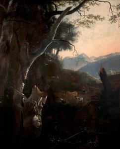 Gebirgslandschaft mit Bauern, Kühen und Ziegen