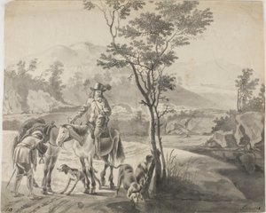 Reiter und Hunde in felsiger Landschaft von Adam Pynacker