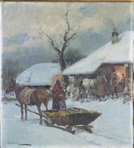 Schlitten vor einem Haus, 1930