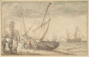 Fischerleute ziehen ihr Boot an Land, o.D. von Adam Willaerts