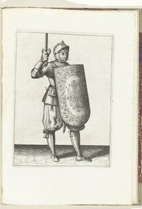 Übung mit Targe und Rapier: Der Soldat hält das gezogene Rapier nicht höher als sein Gesicht (Nr. 5), 1618 von Adam van Breen