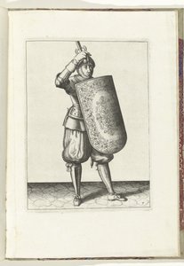 De exercitie met de targe en rapier: hoe de soldaat het vizier van zijn helm moet sluiten met de targe en de getrokken rapier in de hand (nr. 7), 1618 von Adam van Breen
