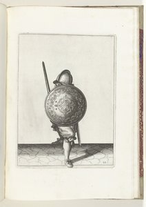 Die Übung mit Schild und Speer: Der Soldat in einer Verteidigungshaltung mit einem Fuß nach vorne und mit seinem Rapier und Schild auf dem Knie vor dem Körper, von vorne gesehen, 1618 (Serie) von Adam van Breen