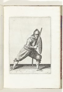 Die Übung mit Schild und Speer: Der Soldat in einer Verteidigungshaltung mit einem Fuß nach vorne und mit seinem Rapier und Schild auf dem Knie vor dem Körper (Nr. 21), 1618 (De Nassausche Wapen-Handelinge, van Schilt, Spies, Rappier ende Targe) von Adam van Breen