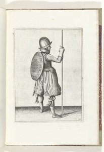 Die Übung mit Schild und Speer: der Soldat stehend mit dem Speer auf dem Boden neben dem rechten Fuß (Nr. 30), 1618 von Adam van Breen