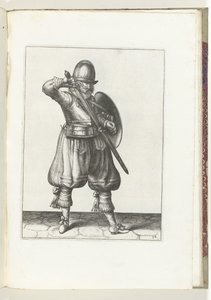 Die Übung mit Schild und Speer: Der Soldat steckt seinen Degen zurück in die Scheide (Nr. 24), 1618 von Adam van Breen
