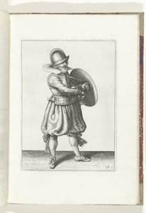 Die Übung mit Schild und Speer: Der Soldat zieht seinen Degen hinter seinem Schild hervor (Nr. 18), 1618 von Adam van Breen