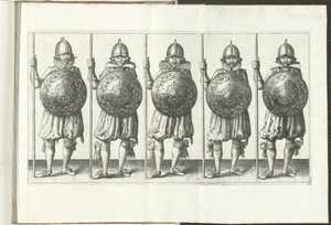 Die Übung mit Schild und Speer: fünf Soldaten nebeneinander stehend mit dem Speer in der rechten Hand auf dem Boden ruhend und dem Schild vor der Brust (Nr. 31), 1618 von Adam van Breen