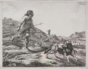 Hirte jagt einen Wolf