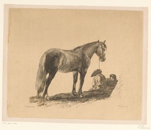 Stehendes Pferd mit zwei am Boden sitzenden Männern von Adam von Bartsch