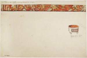 Innere Umrandung einer Dreifußvase (mit grotesken Figuren) und ein weißer Topf mit rechteckigen Designs von Adela Breton