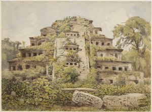 Gemälde eines zerstörten Tempels (Pyramide der Nischen) in El Tajin, Papantla, Mexiko