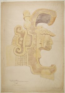 Ruinen/Steinreliefs am Tempel von Uxmal, Mexiko, reich verziertes geschnitztes Kopf von Adela Breton