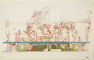 Steinrelief aus der Mitte der Nordwand, Nordgebäude C, Ballspielplatz, Chichen Itza, Mexiko von Adela Breton