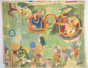 Abzeichnung eines Wandgemäldes aus der inneren Kammer, Oberer Tempel der Jaguare, Südwand, Großer Ballspielplatz, Chichen Itza, Mexiko von Adela Breton