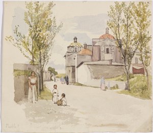 Ansicht einer Dorfstraße mit Frauen und Kindern - Puebla (?), Mexiko von Adela Breton