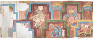 Aquarellkopie der Stuckfassade des Tempels auf der Pyramide in Acanceh, Vollmaßstab, zwei Reihen von Figuren innerhalb eines gestuften Rahmens, Figuren 6-11